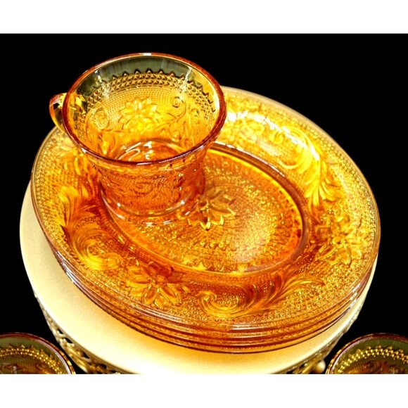 Vintage 8 Piece Tiara/Indiana Glass Snack Sets.  Plates and Glasses in Rich Ambe - Picture 3 of 8